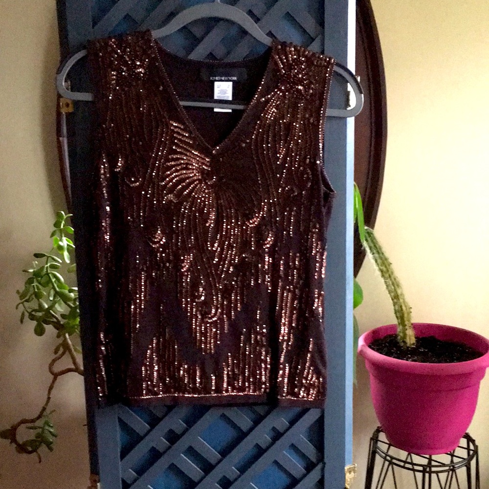 Sleeveless V Neck Sequin Sweater Brown
